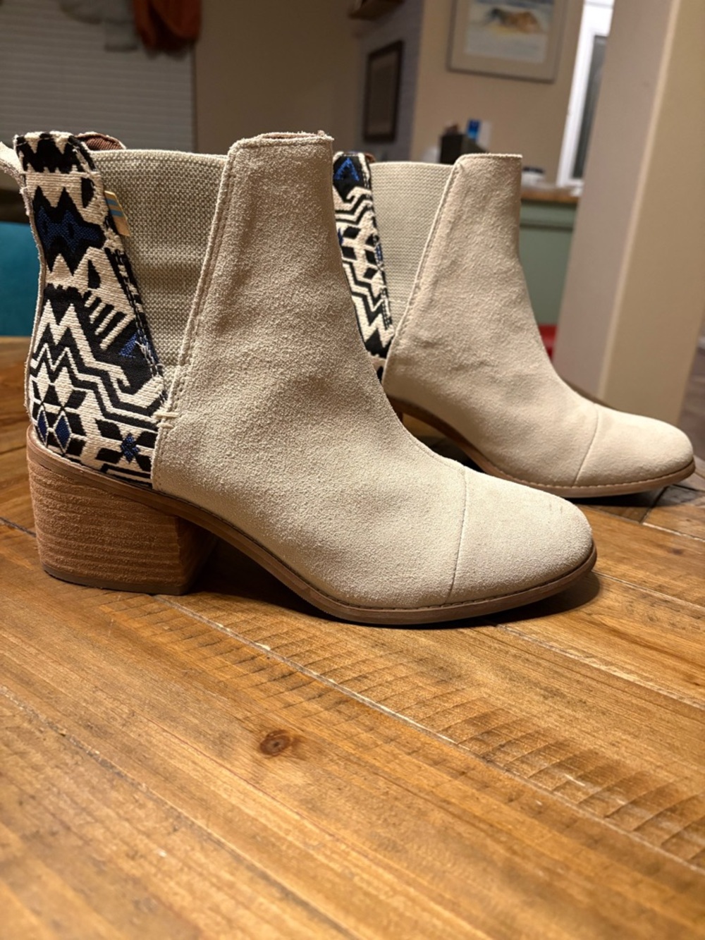 Toms Cream Suede Chelsea Ankle Boots with Blue Aztec Heel Panel